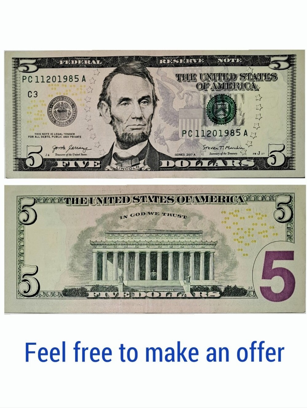 BIRTHDAY NOTE 11-20-1985 $5 DOLLAR BILL